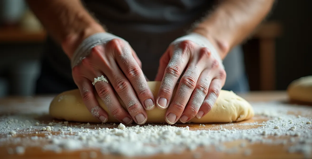 Gros plan sur les mains d'un pizzaiolo pétrissant la pâte