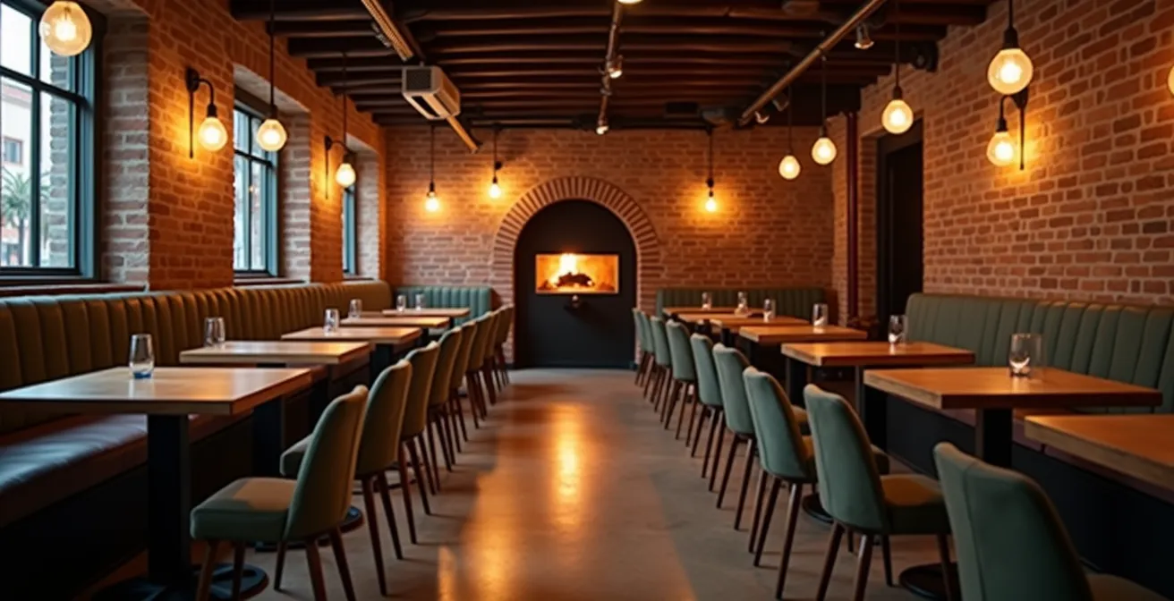 Vue d'ensemble d'une pizzeria artisanale avec four à bois en arrière-plan