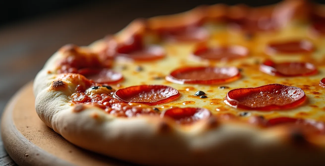 Détail macro de la texture alvéolaire d'une pâte de pizza d'exception