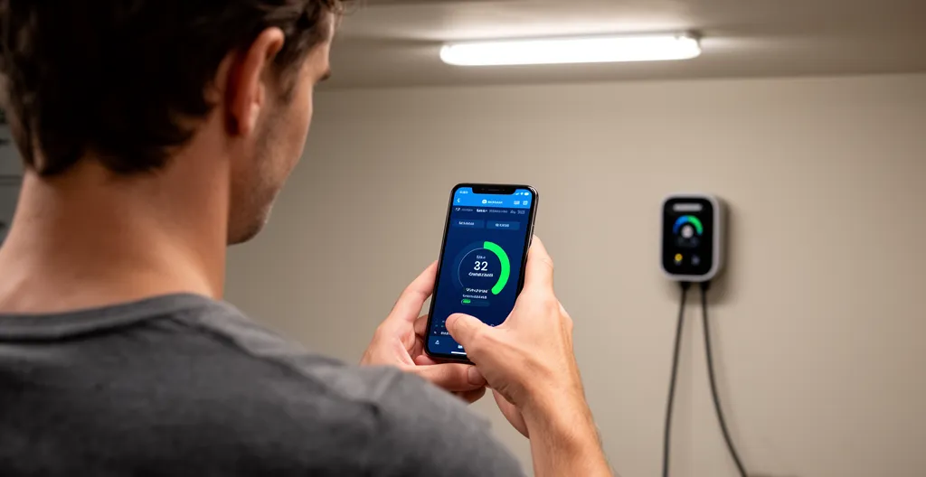 Personne consultant l'application de charge sur smartphone dans un garage