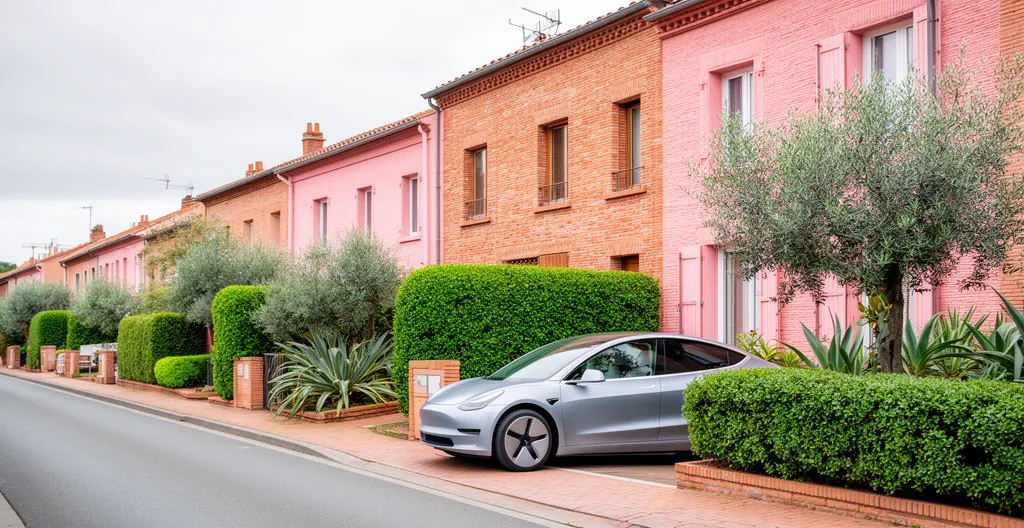Rue résidentielle toulousaine avec façades en briques roses et véhicule électrique stationné