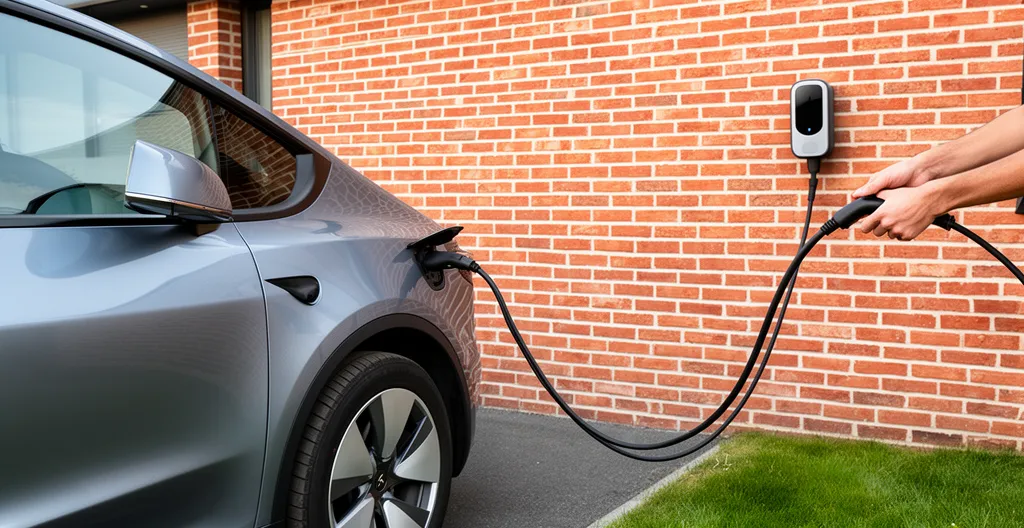 Voiture électrique branchée à une borne murale dans l'allée d'une maison en briques rouges
