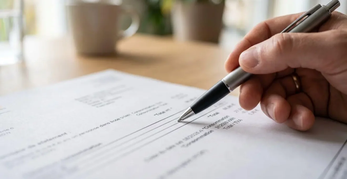 Gros plan sur une main tenant un stylo pointant une ligne de document administratif, mise au point sélective sur l'avant-plan avec arrière-plan flouté en bokeh