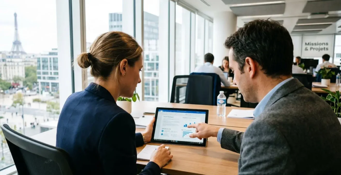 Deux professionnels vus de dos consultent ensemble un document sur une tablette dans un bureau lumineux aux baies vitrées