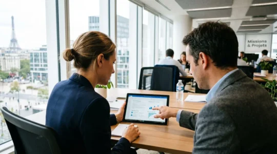 Deux professionnels vus de dos consultent ensemble un document sur une tablette dans un bureau lumineux aux baies vitrées