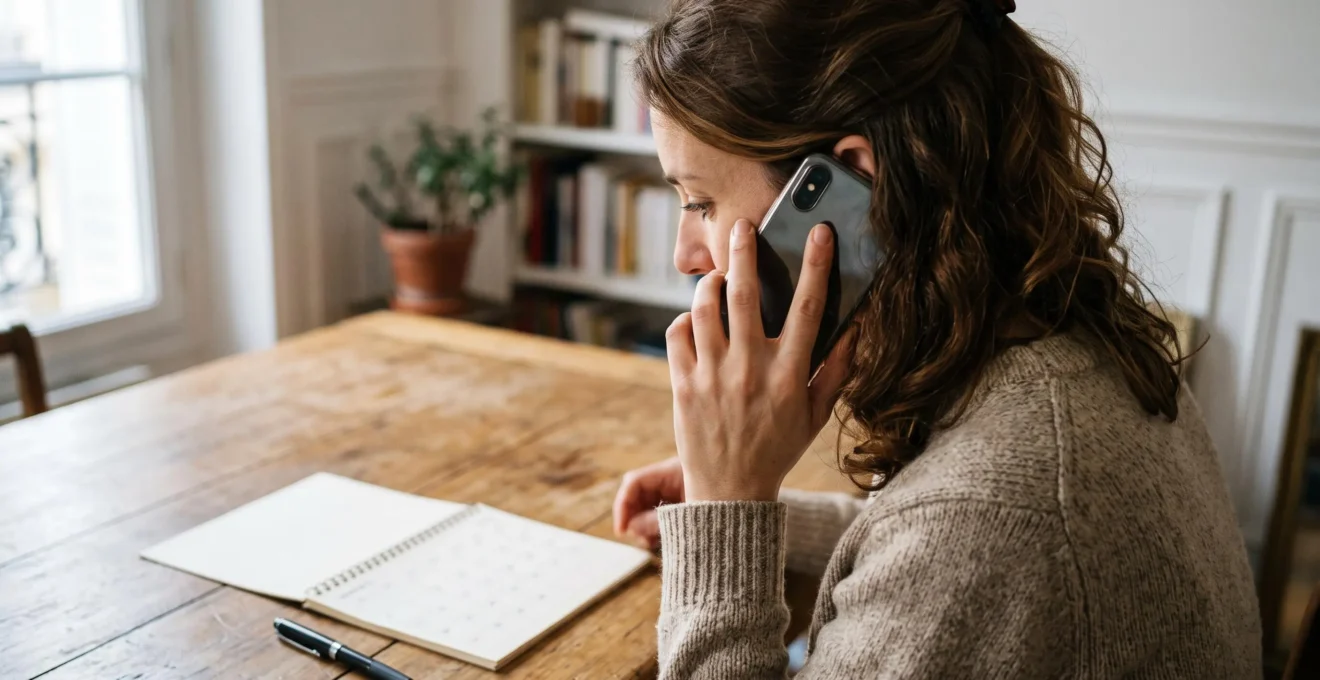 Une femme réserve par téléphone un restaurant depuis son salon, un calendrier posé à côté d'elle.