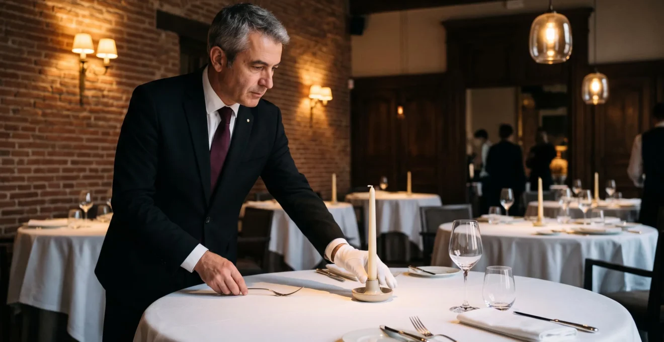 Un maître d'hôtel dispose une bougie et ajuste les couverts sur une table dressée dans un restaurant gastronomique toulousain.