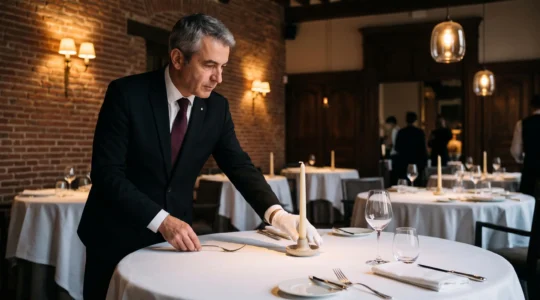 Un maître d'hôtel dispose une bougie et ajuste les couverts sur une table dressée dans un restaurant gastronomique toulousain.
