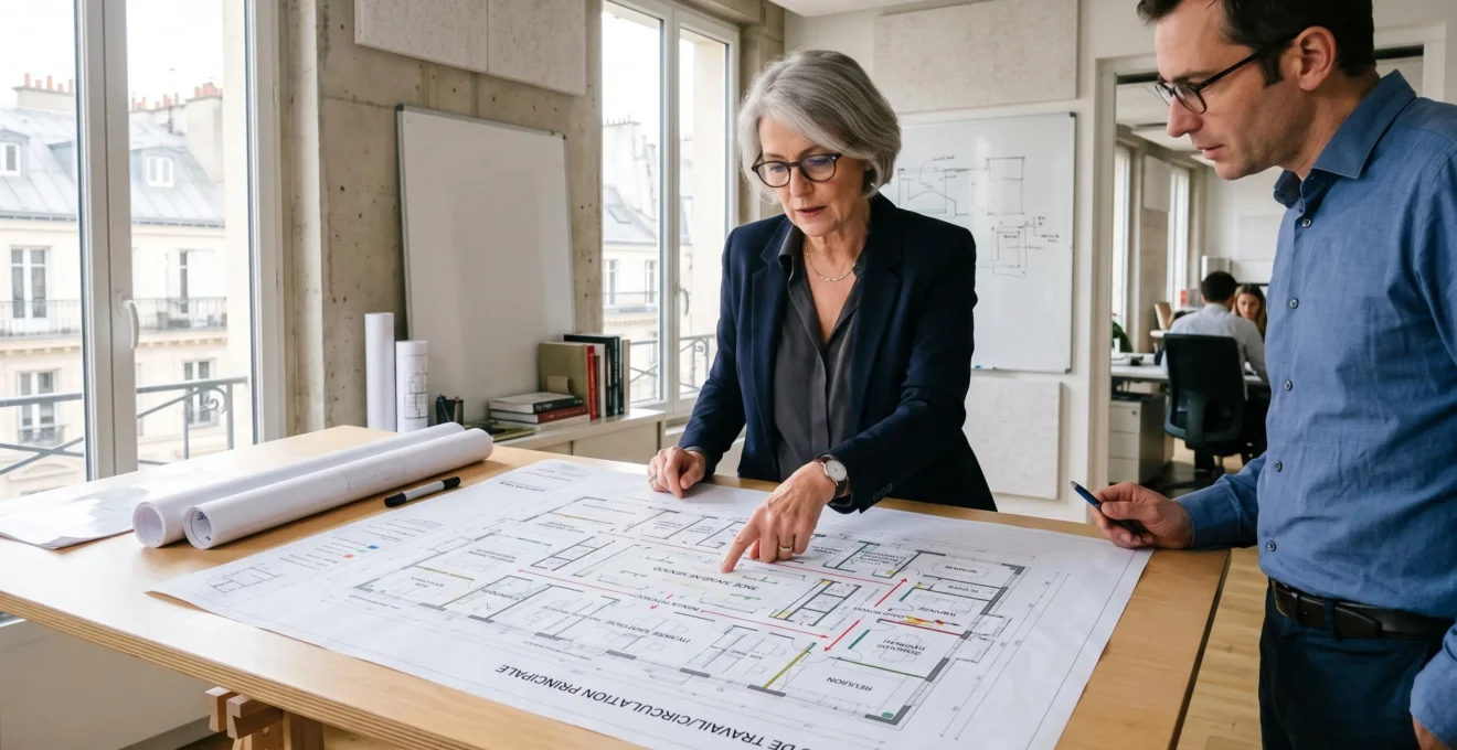 Direction d'un agencement de bureaux avec une carte de plan détaillée.