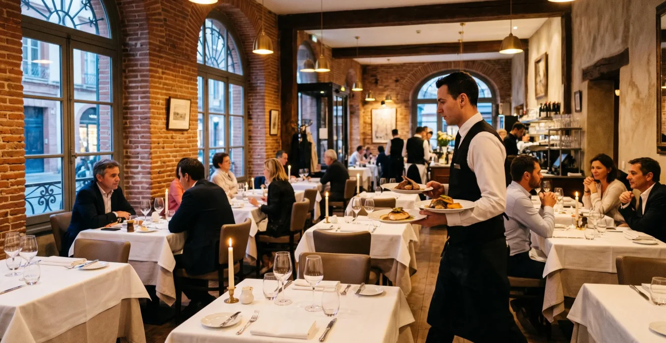 Un serveur apporte deux assiettes dans la salle d'un restaurant gastronomique aux murs de briques rouges, des clients attablés en arrière-plan.