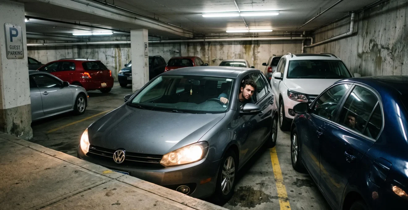 Voiture manœuvrant dans place étroites cage souterraine éclairada artificialisée plafonnier gris béton.