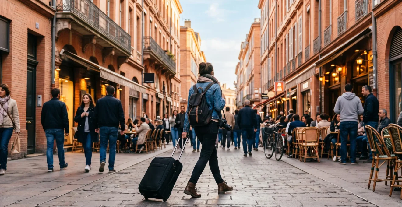 Voyageuse tirant une valise rue animée aux façades roses près du centre-ville.