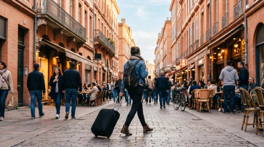 Voyageuse tirant une valise rue animée aux façades roses près du centre-ville.
